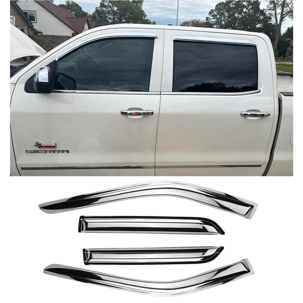 Chrome Side Window Visors Wind, Vent Deflectors 14-18 Silverado/Sierra Crew Cab